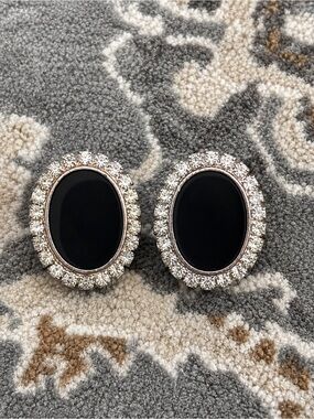 Vintage Black Oval Rhinestone Halo Earrings